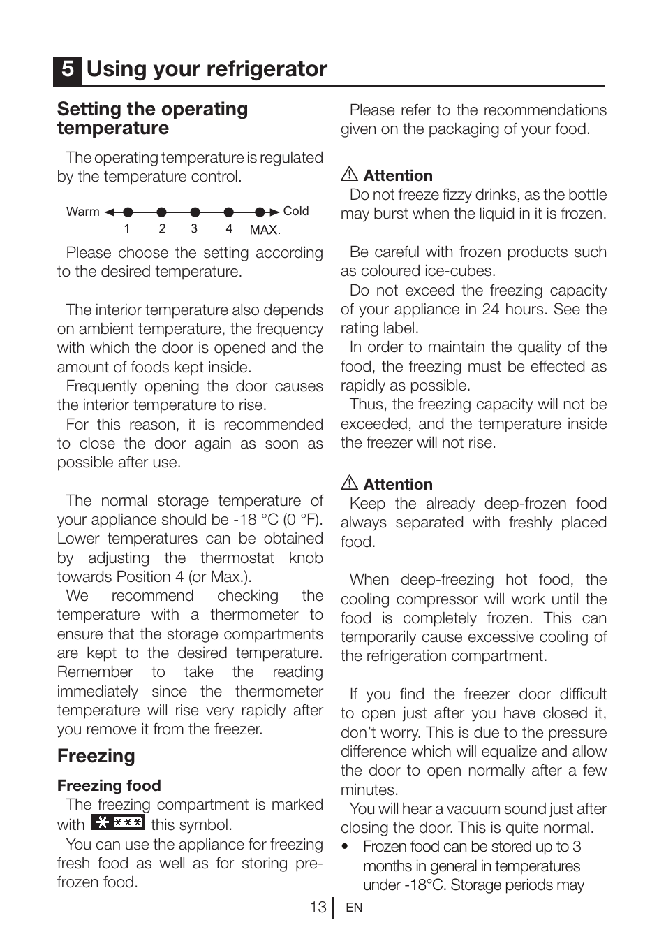 5using your refrigerator, Setting the operating temperature, Freezing | Beko BU 1201 User Manual | Page 16 / 202