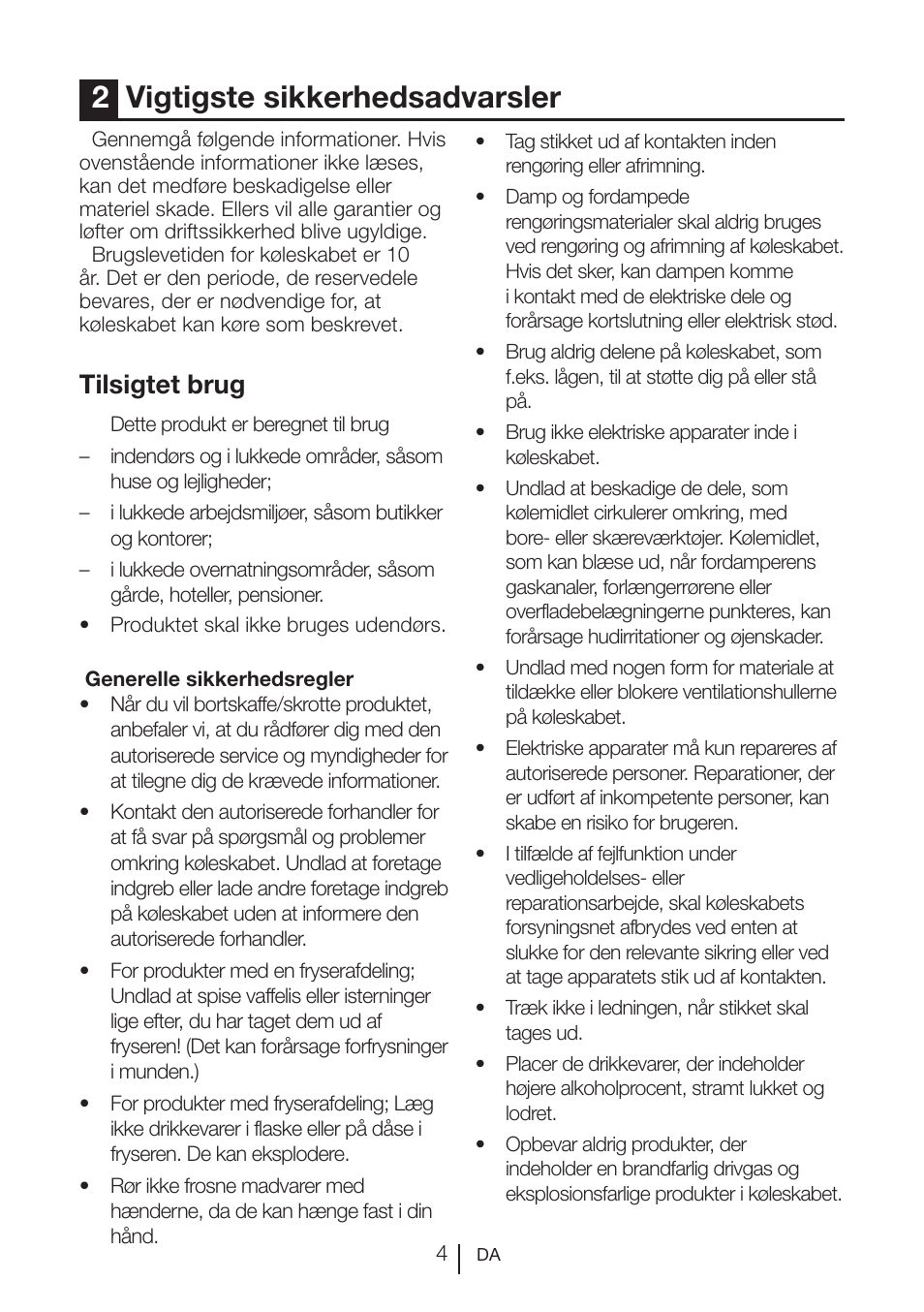 2vigtigste sikkerhedsadvarsler, Tilsigtet brug | Beko BU 1201 User Manual | Page 163 / 202