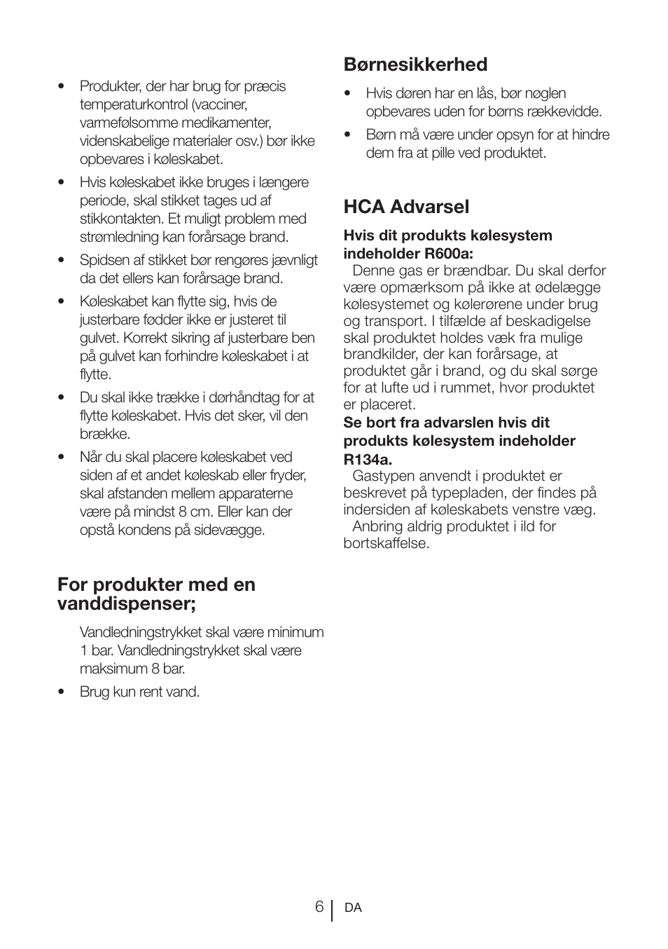 For produkter med en vanddispenser, Børnesikkerhed, Hca advarsel | Beko BU 1201 User Manual | Page 165 / 202