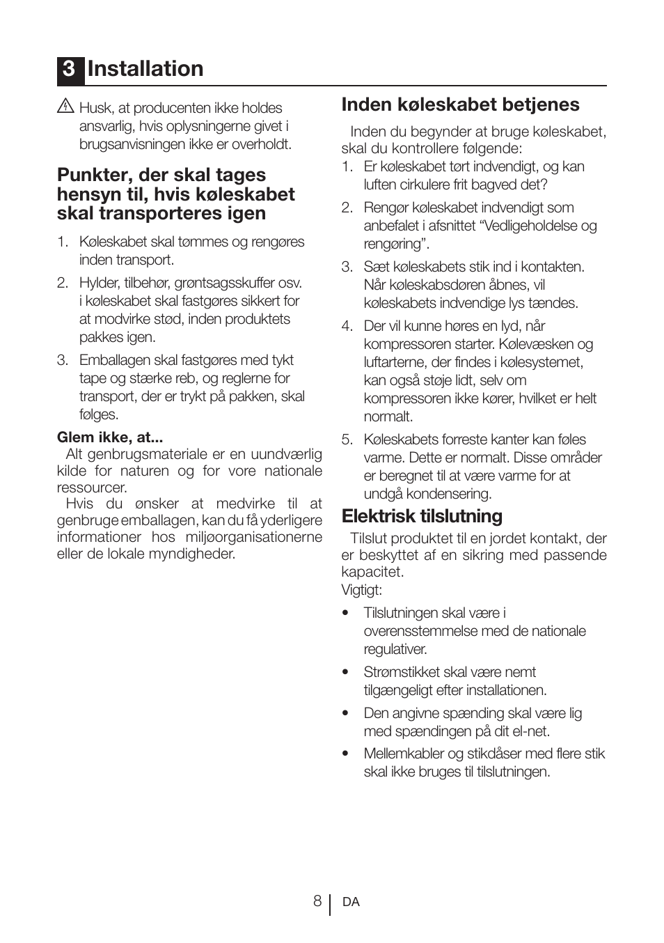 3installation, Inden køleskabet betjenes, Elektrisk tilslutning | Beko BU 1201 User Manual | Page 167 / 202