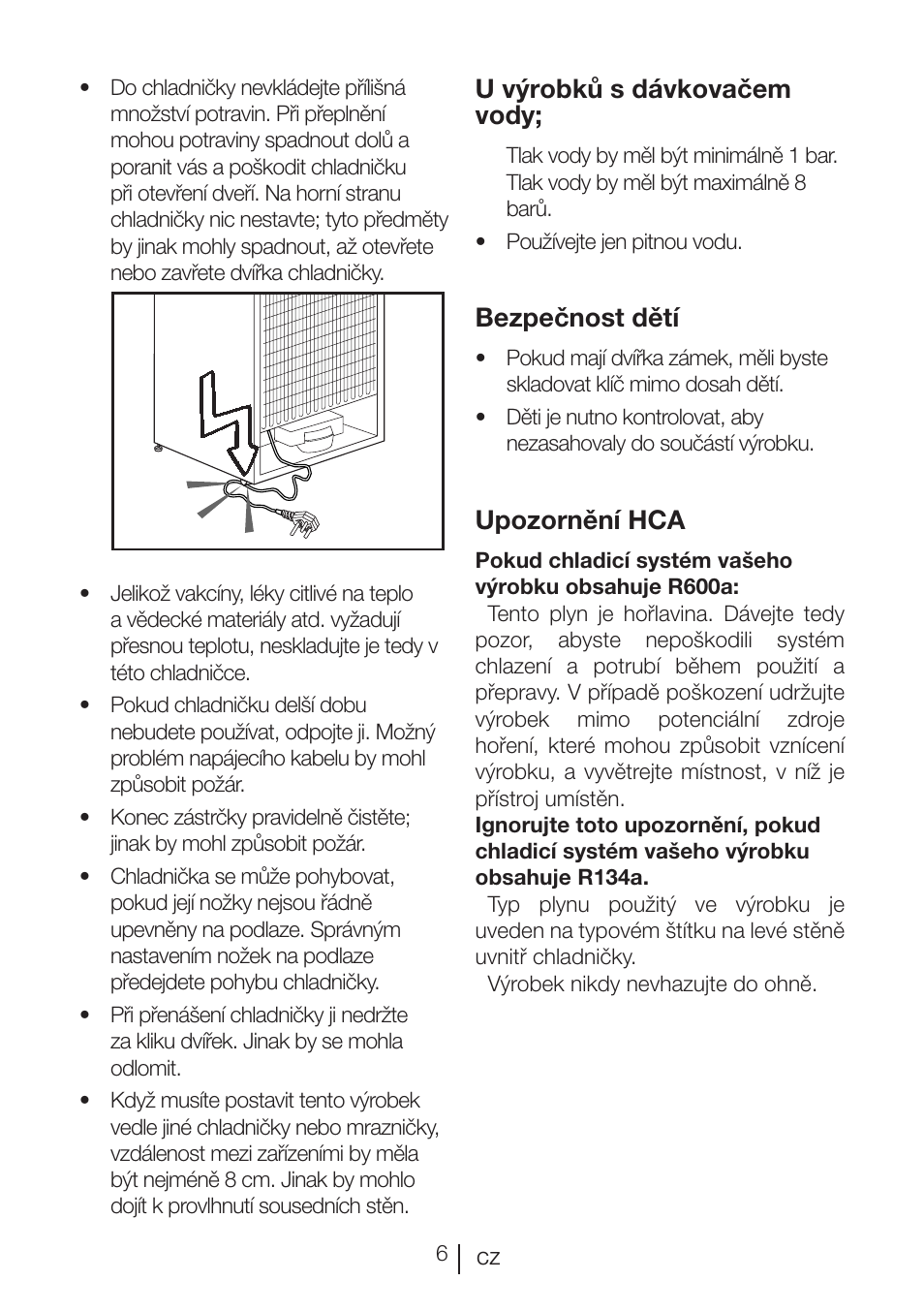 U výrobků s dávkovačem vody, Bezpečnost dětí, Upozornění hca | Beko BU 1201 User Manual | Page 185 / 202
