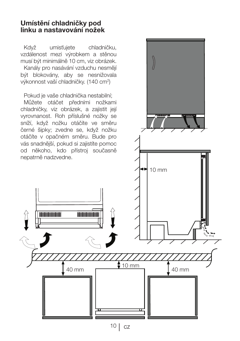 Umístění chladničky pod linku a nastavování nožek | Beko BU 1201 User Manual | Page 189 / 202