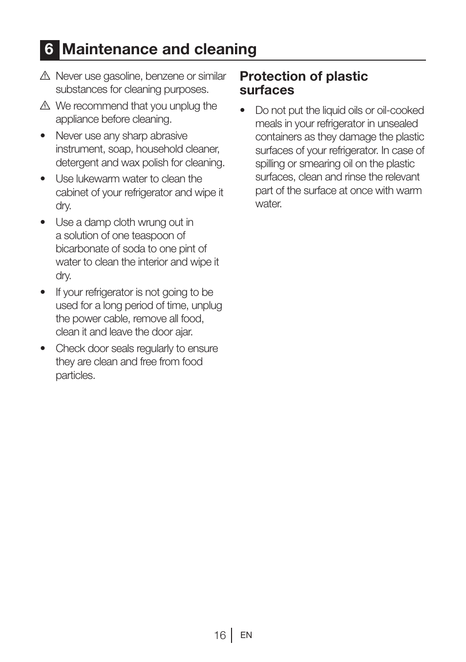 6maintenance and cleaning, Protection of plastic surfaces | Beko BU 1201 User Manual | Page 19 / 202