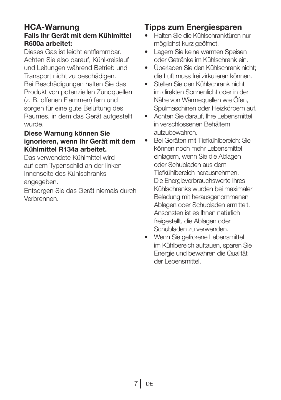 Hca-warnung, Tipps zum energiesparen | Beko BU 1201 User Manual | Page 30 / 202