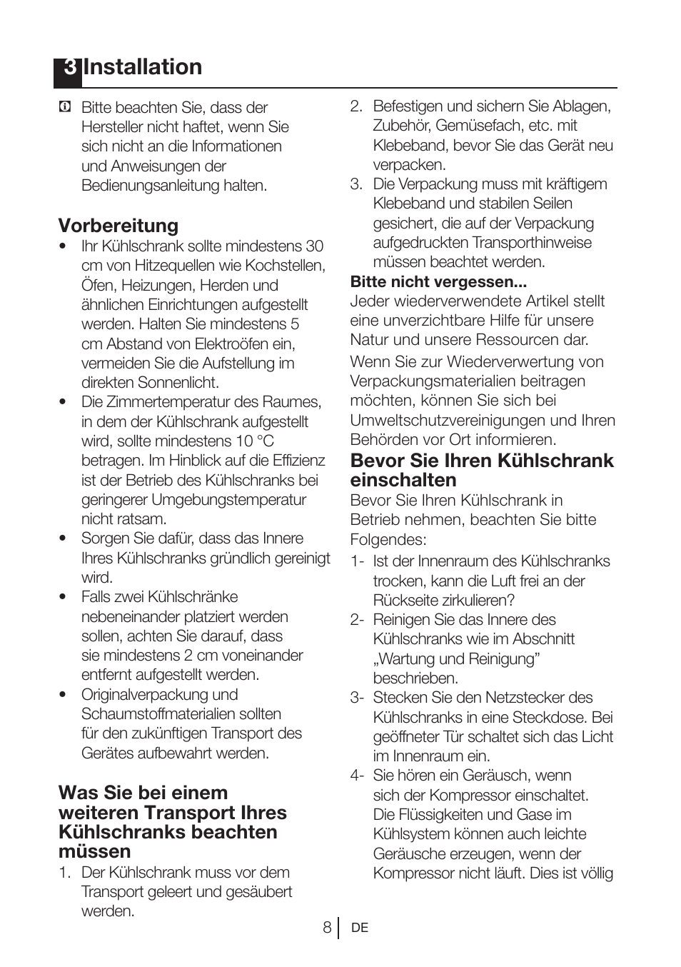 3installation, Vorbereitung, Bevor sie ihren kühlschrank einschalten | Beko BU 1201 User Manual | Page 31 / 202