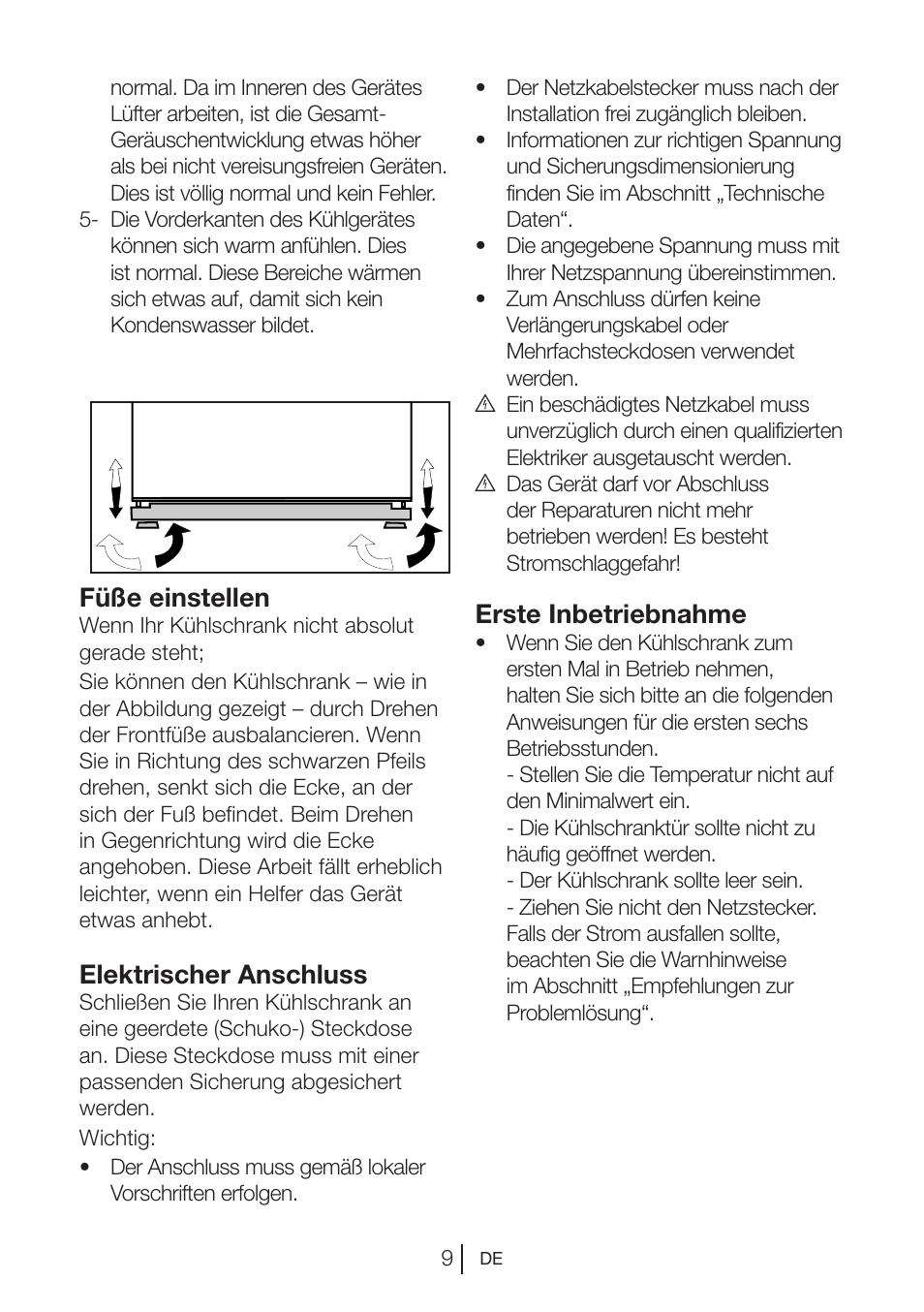 Füße einstellen, Elektrischer anschluss, Erste inbetriebnahme | Beko BU 1201 User Manual | Page 32 / 202