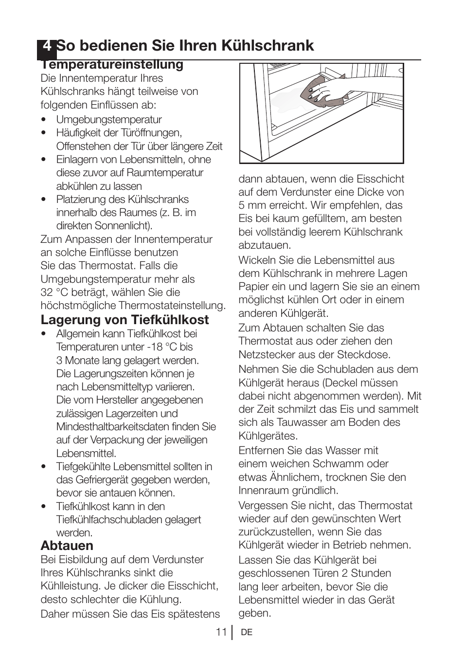 4so bedienen sie ihren kühlschrank, Temperatureinstellung, Lagerung von tiefkühlkost | Abtauen | Beko BU 1201 User Manual | Page 34 / 202