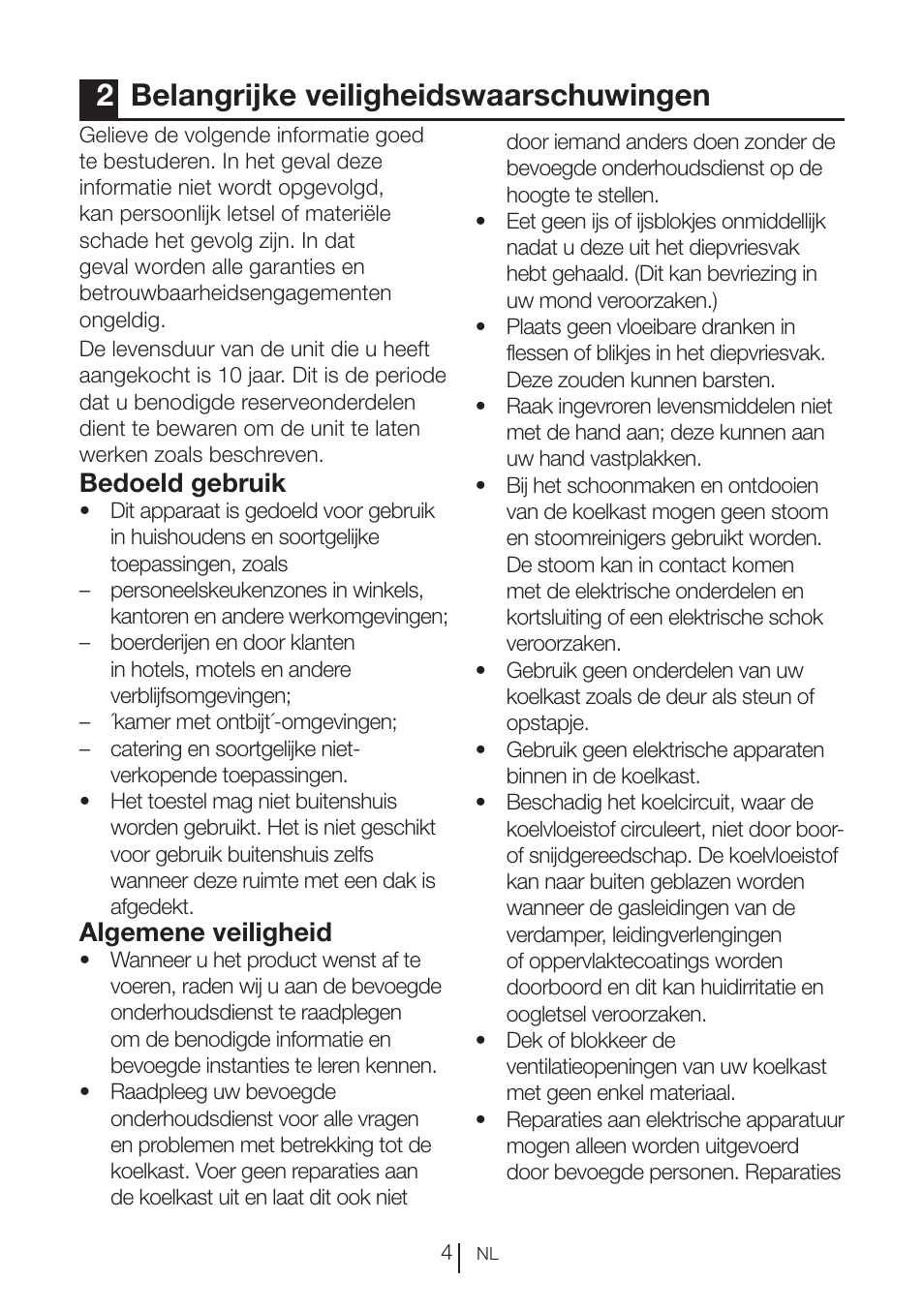 2belangrijke veiligheidswaarschuwingen, Bedoeld gebruik, Algemene veiligheid | Beko BU 1201 User Manual | Page 44 / 202