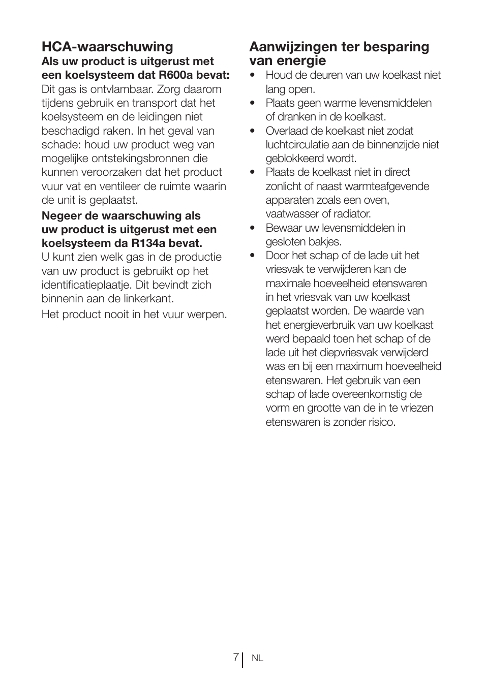 Hca-waarschuwing, Aanwijzingen ter besparing van energie | Beko BU 1201 User Manual | Page 47 / 202
