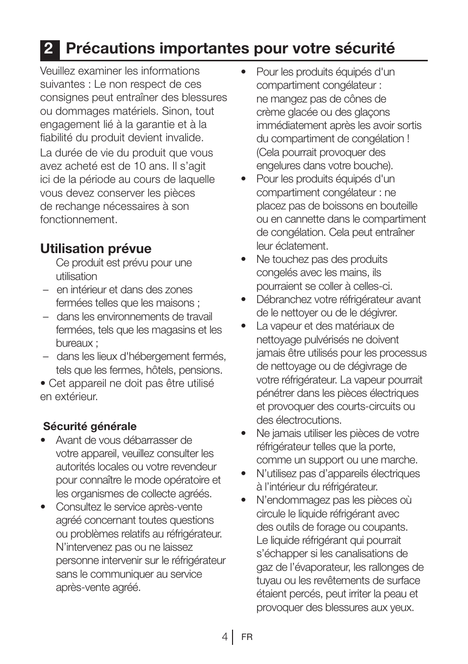 2précautions importantes pour votre sécurité, Utilisation prévue | Beko BU 1201 User Manual | Page 60 / 202