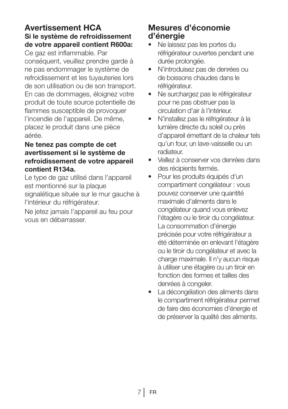 Avertissement hca, Mesures d’économie d’énergie | Beko BU 1201 User Manual | Page 63 / 202
