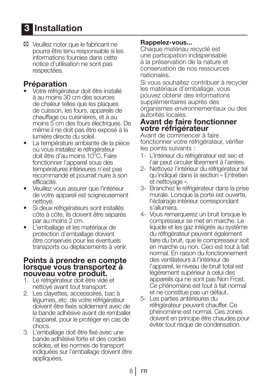 3installation, Préparation, Avant de faire fonctionner votre réfrigérateur | Beko BU 1201 User Manual | Page 64 / 202
