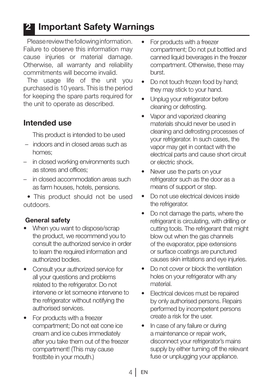 2important safety warnings, Intended use | Beko BU 1201 User Manual | Page 7 / 202
