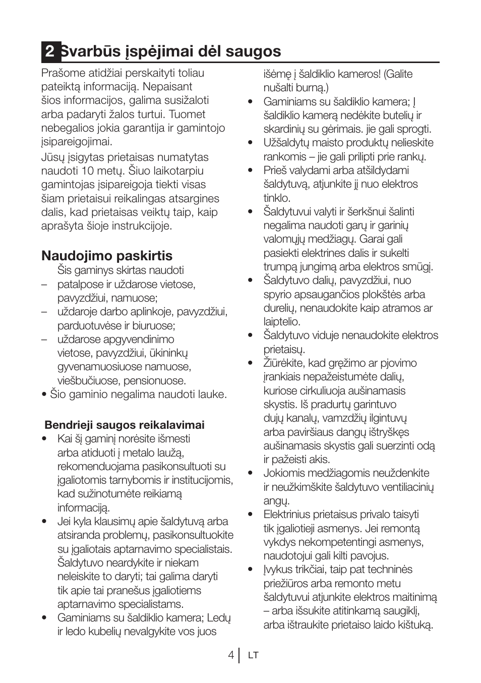 2svarbūs įspėjimai dėl saugos, Naudojimo paskirtis | Beko BU 1201 User Manual | Page 76 / 202