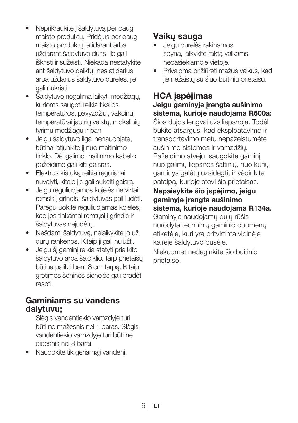 Gaminiams su vandens dalytuvu, Vaikų sauga, Hca įspėjimas | Beko BU 1201 User Manual | Page 78 / 202