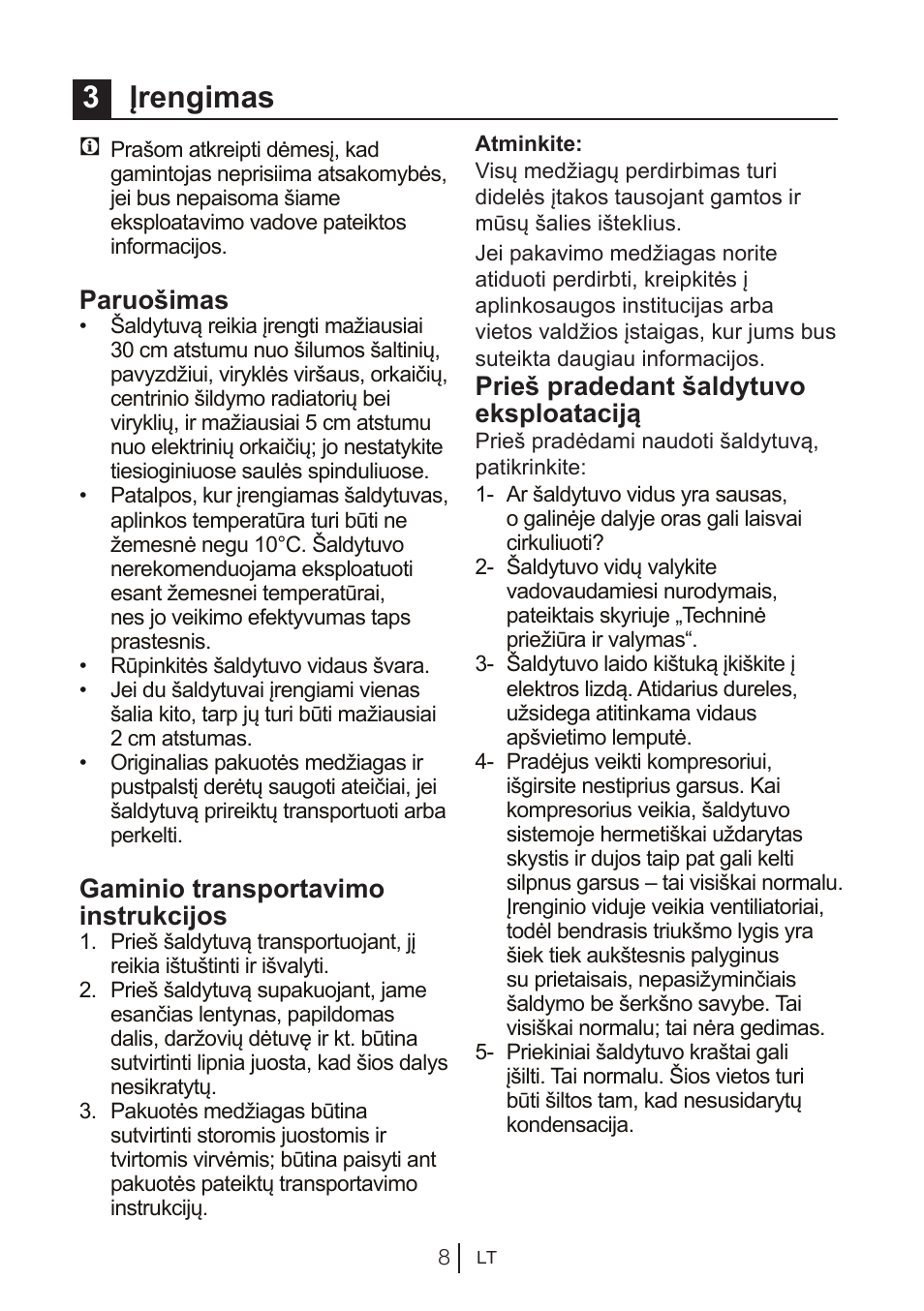 3įrengimas, Paruošimas, Gaminio transportavimo instrukcijos | Prieš pradedant šaldytuvo eksploataciją | Beko BU 1201 User Manual | Page 80 / 202