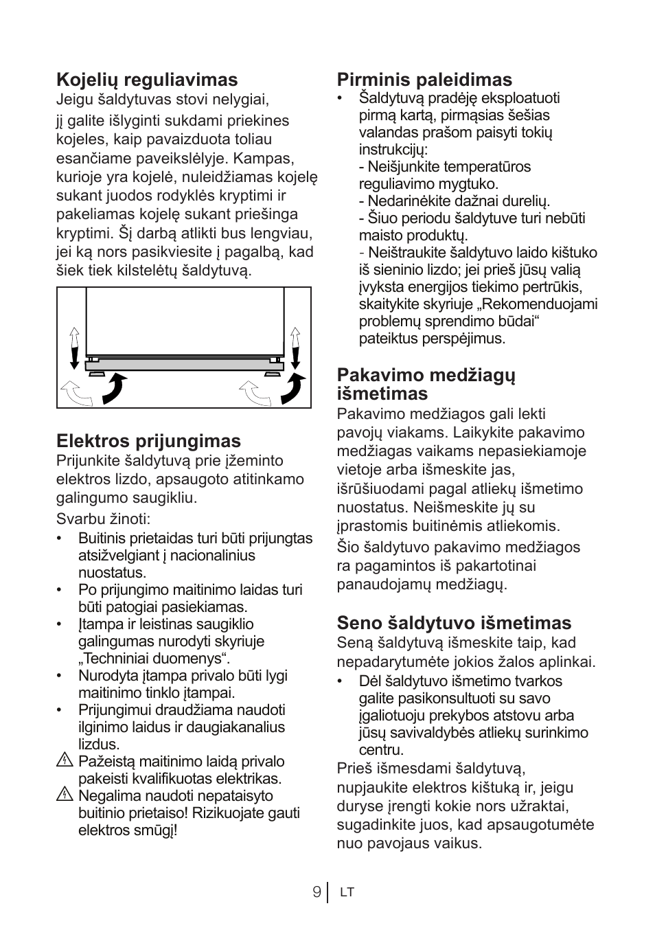 Kojelių reguliavimas, Elektros prijungimas, Pirminis paleidimas | Pakavimo medžiagų išmetimas, Seno šaldytuvo išmetimas | Beko BU 1201 User Manual | Page 81 / 202