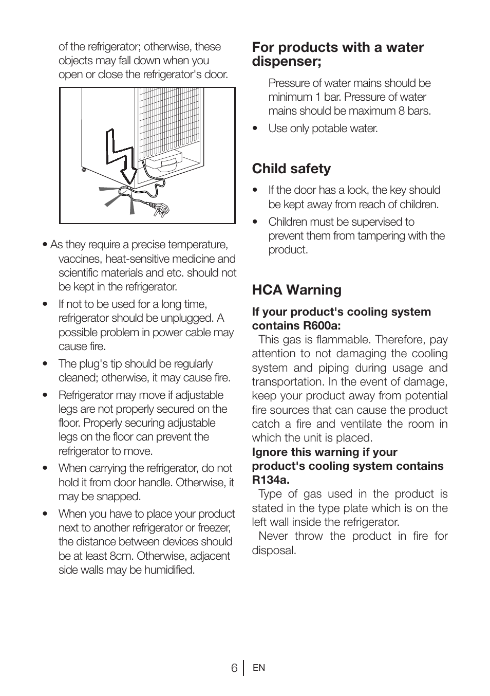 For products with a water dispenser, Child safety, Hca warning | Beko BU 1201 User Manual | Page 9 / 202