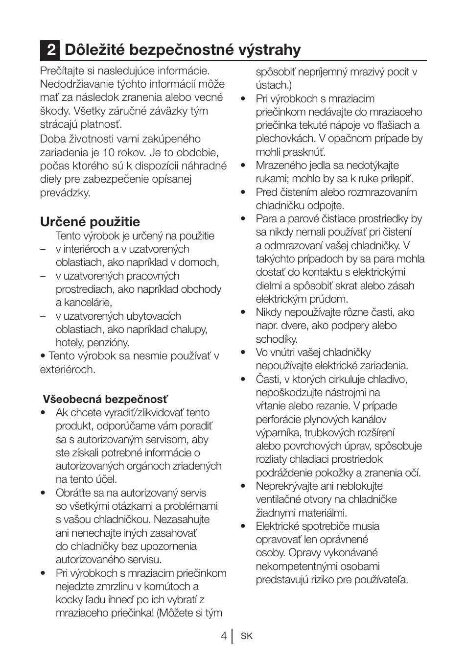 2dôležité bezpečnostné výstrahy, Určené použitie | Beko BU 1201 User Manual | Page 92 / 202