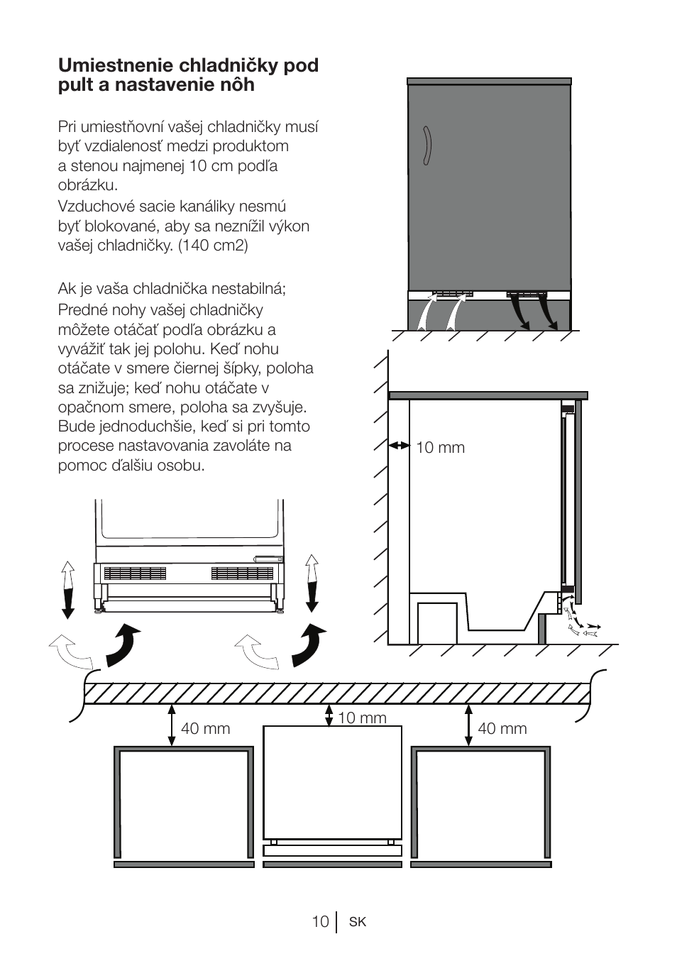 Umiestnenie chladničky pod pult a nastavenie nôh | Beko BU 1201 User Manual | Page 98 / 202