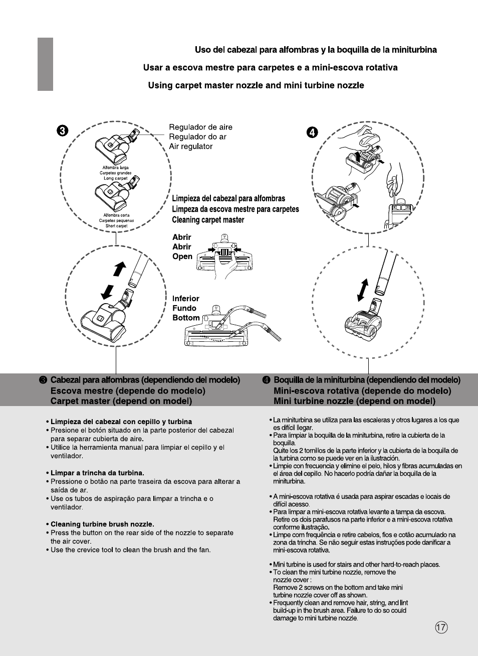 Carpet master (depend on modei), Mini turbine nozzle (depend on model), Instrucciones de uso | Como usar, How to use | LG VK7920NNTQD User Manual | Page 18 / 28