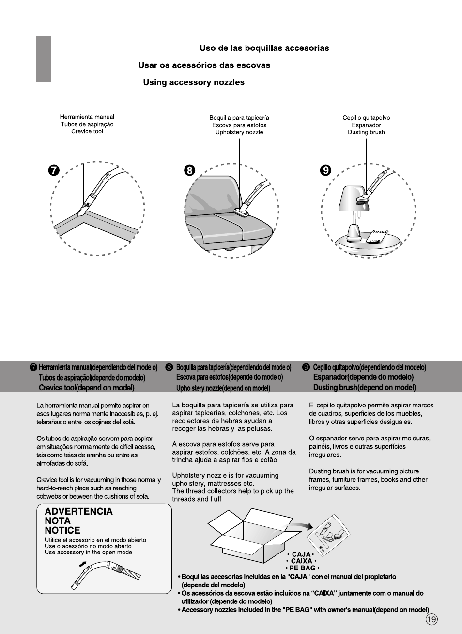 Advertencia nota notice, Instrucciones de uso, Como usar | How to use | LG VK7920NNTQD User Manual | Page 20 / 28