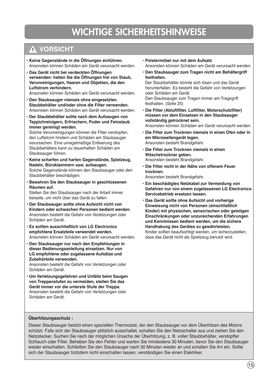 Wichtige sicherheitshinweise, Vorsicht | LG VK7320NRT User Manual | Page 15 / 32