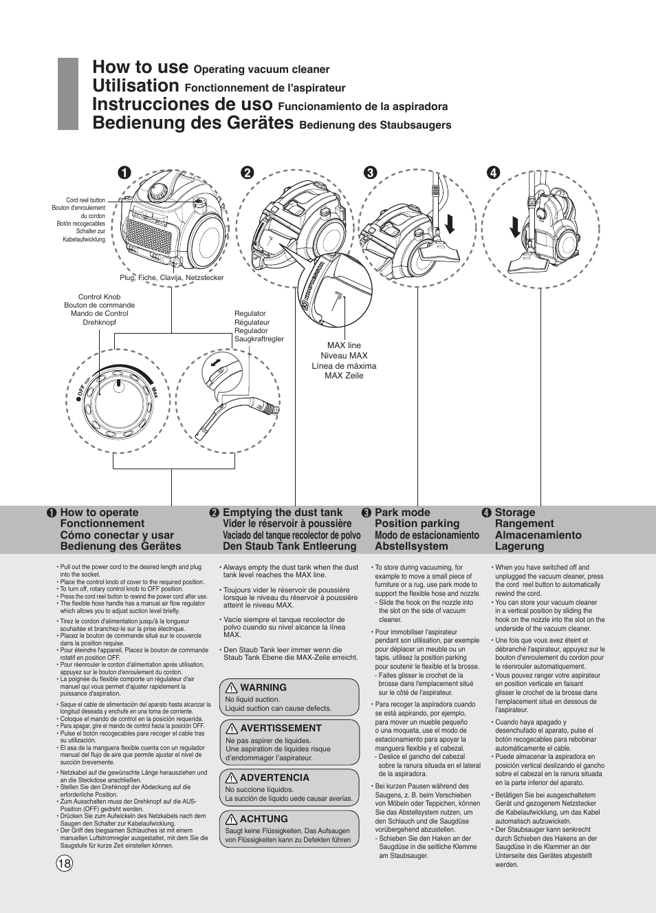 How to use, Utilisation, Instrucciones de uso | Bedienung des gerätes, Operating vacuum cleaner, Fonctionnement de l'aspirateur, Funcionamiento de la aspiradora, Storage rangement almacenamiento lagerung | LG VK7320NRT User Manual | Page 18 / 32