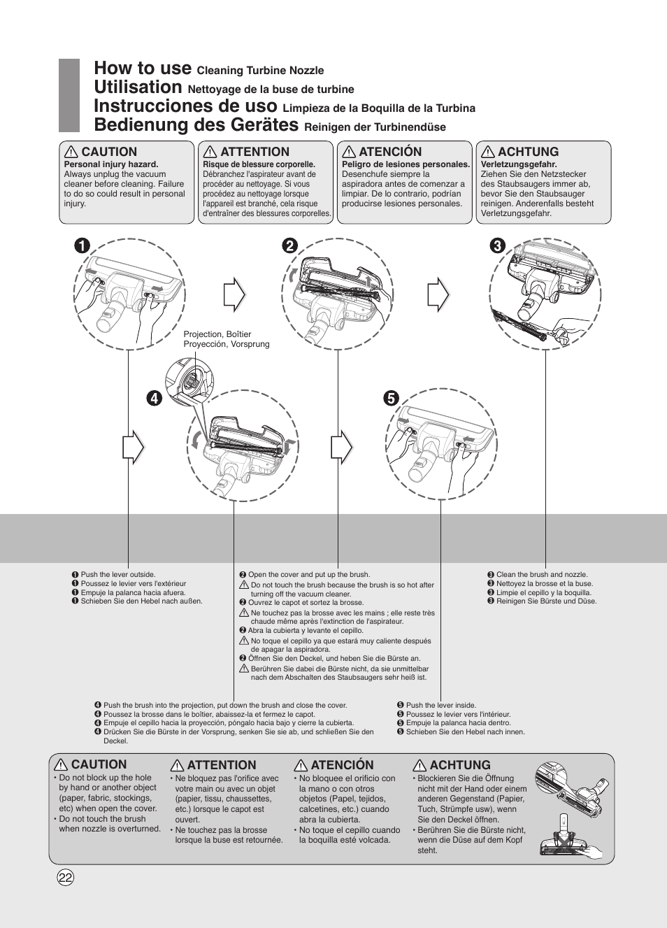 How to use, Utilisation, Instrucciones de uso | Bedienung des gerätes, 22 caution, Attention, Atención, Achtung, Caution | LG VK7320NRT User Manual | Page 22 / 32