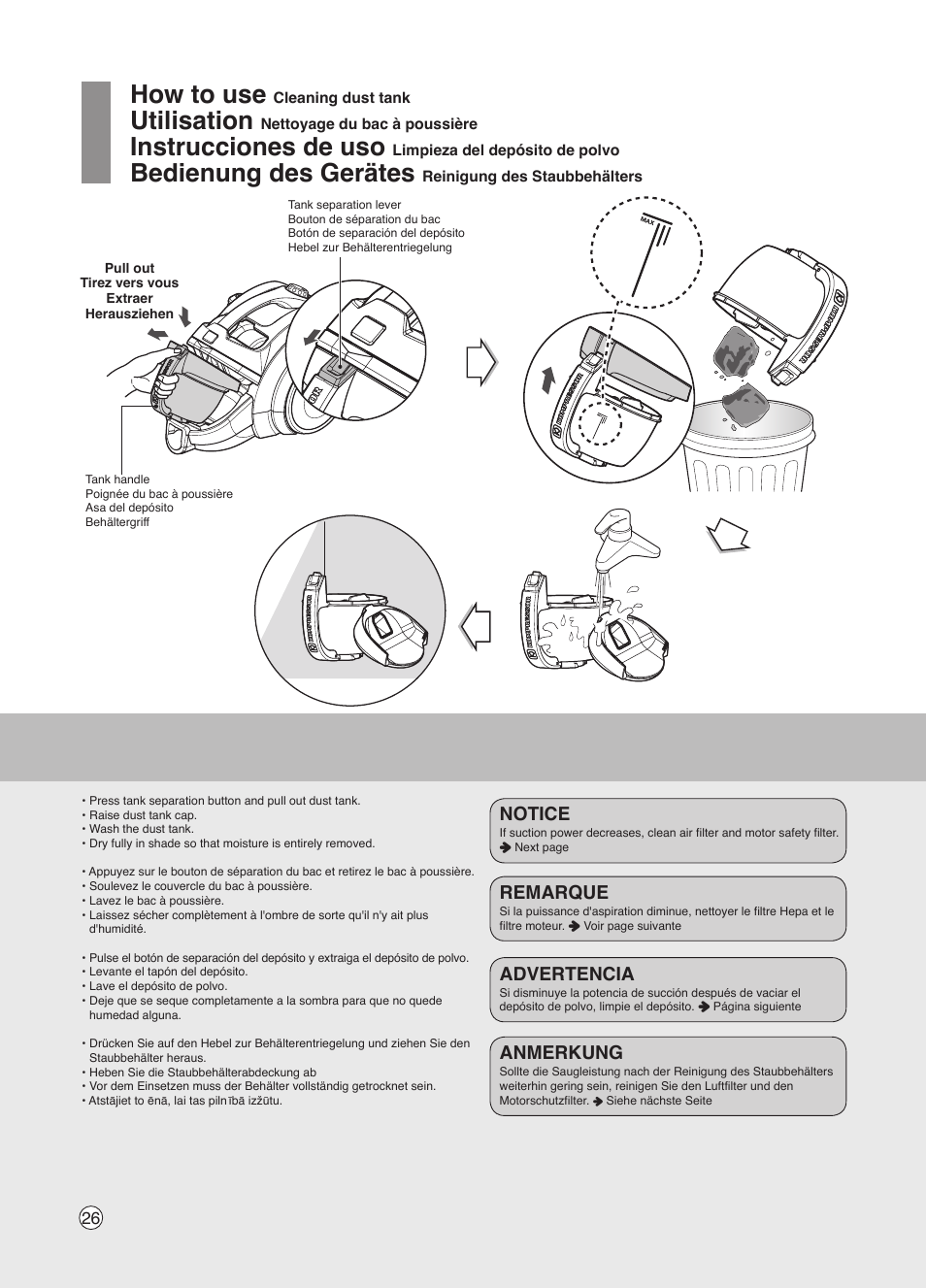 How to use, Utilisation, Instrucciones de uso | Bedienung des gerätes, Notice, Remarque, Advertencia, Anmerkung | LG VK7320NRT User Manual | Page 26 / 32