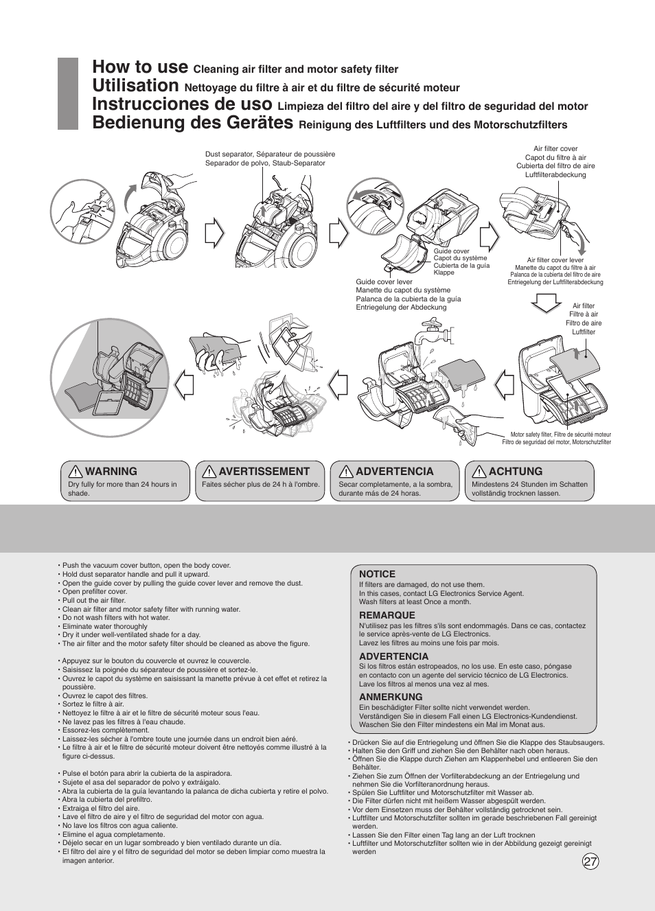 How to use, Utilisation, Instrucciones de uso | Bedienung des gerätes, Cleaning air filter and motor safety filter, Warning, Advertencia, Achtung, Avertissement | LG VK7320NRT User Manual | Page 27 / 32