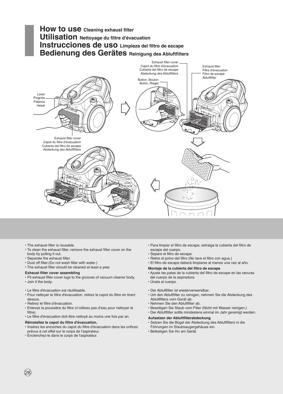 How to use, Utilisation, Instrucciones de uso | Bedienung des gerätes | LG VK7320NRT User Manual | Page 28 / 32
