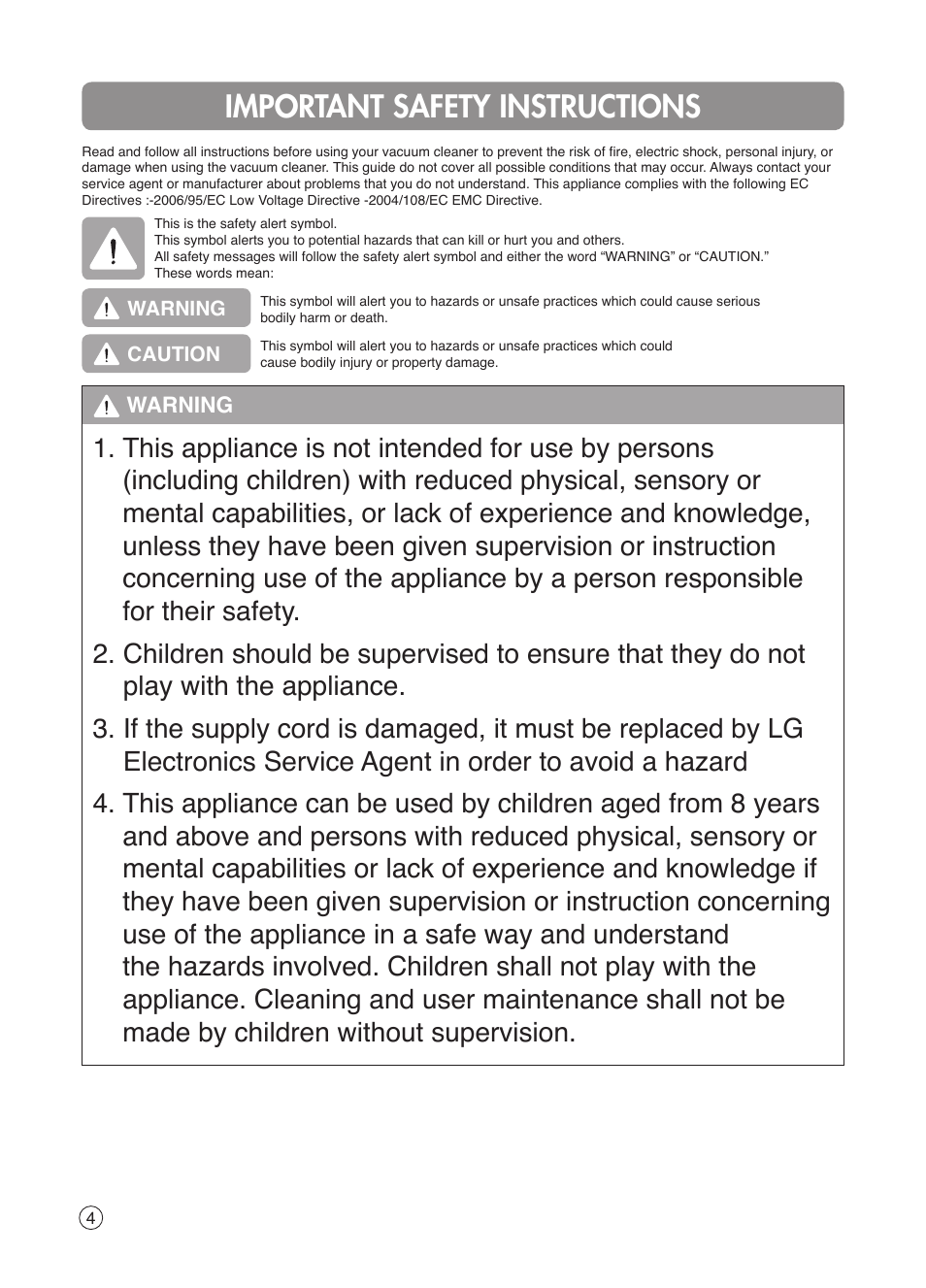 Important safety instructions | LG VK7320NRT User Manual | Page 4 / 32