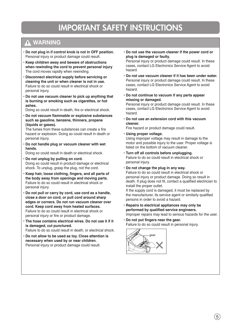 Important safety instructions, Warning | LG VK7320NRT User Manual | Page 5 / 32