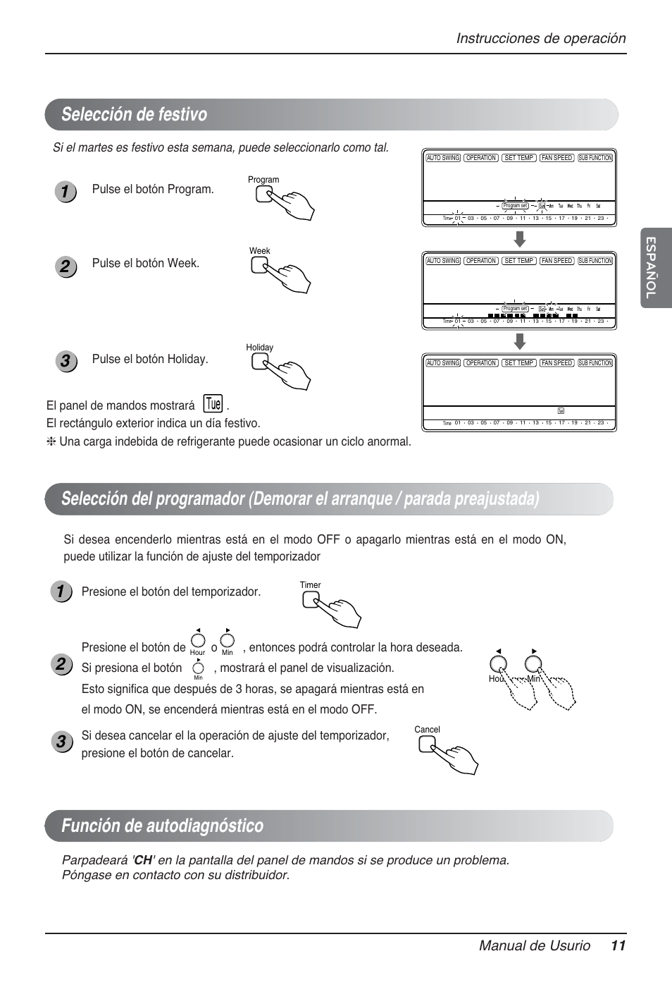 Instrucciones de operación manual de usurio 11, Español, Pulse el botón week | LG AMNH366TDC0 User Manual | Page 11 / 33