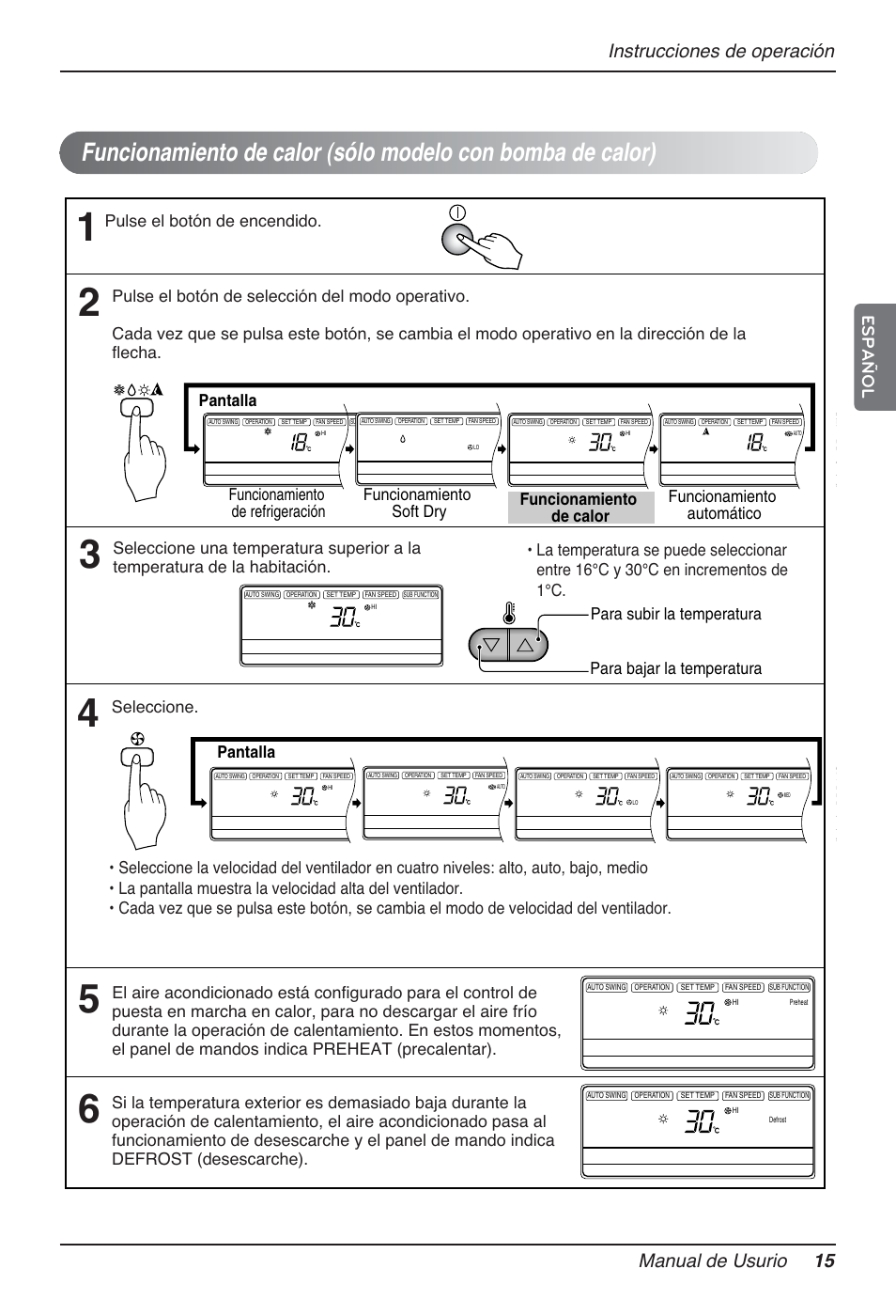 Instrucciones de operación manual de usurio 15, Español, Seleccione | LG AMNH366TDC0 User Manual | Page 15 / 33