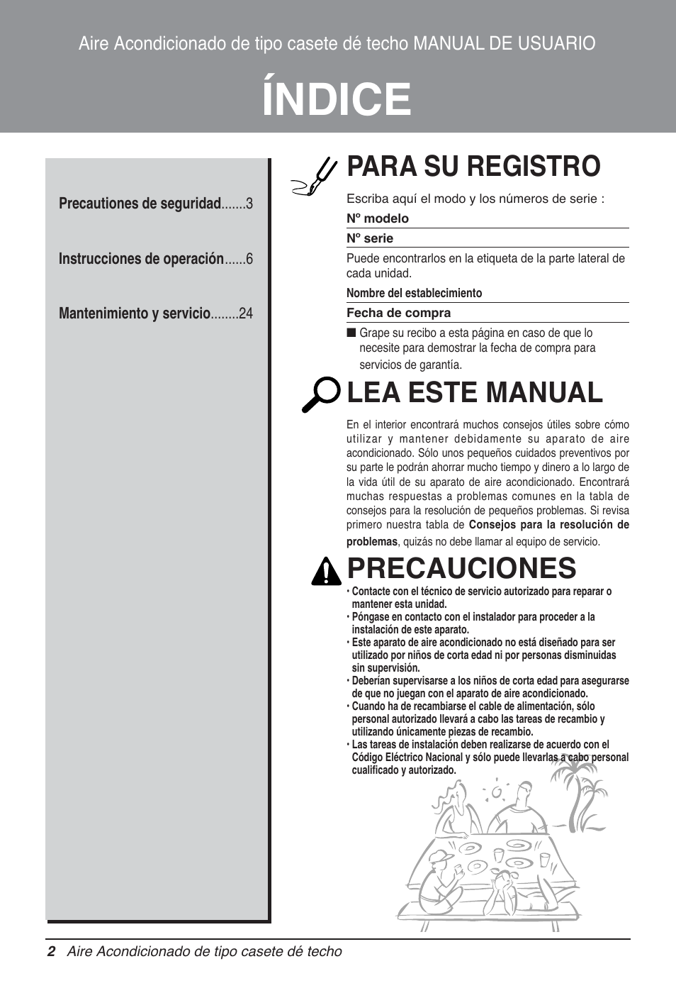 Índice, Para su registro, Lea este manual | Precauciones | LG AMNH366TDC0 User Manual | Page 2 / 33