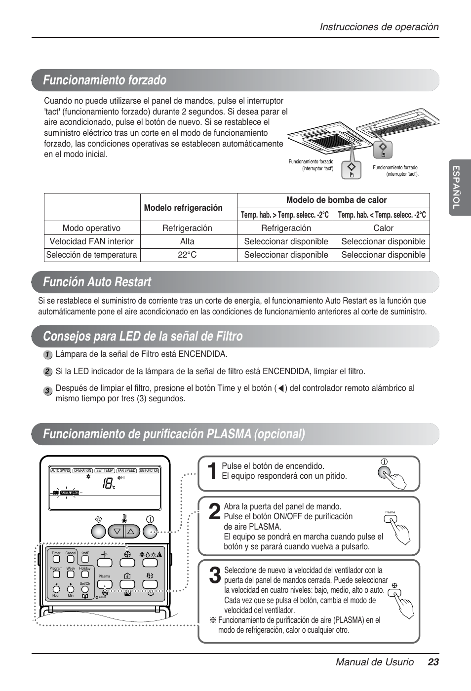 Instrucciones de operación manual de usurio 23, Español | LG AMNH366TDC0 User Manual | Page 23 / 33