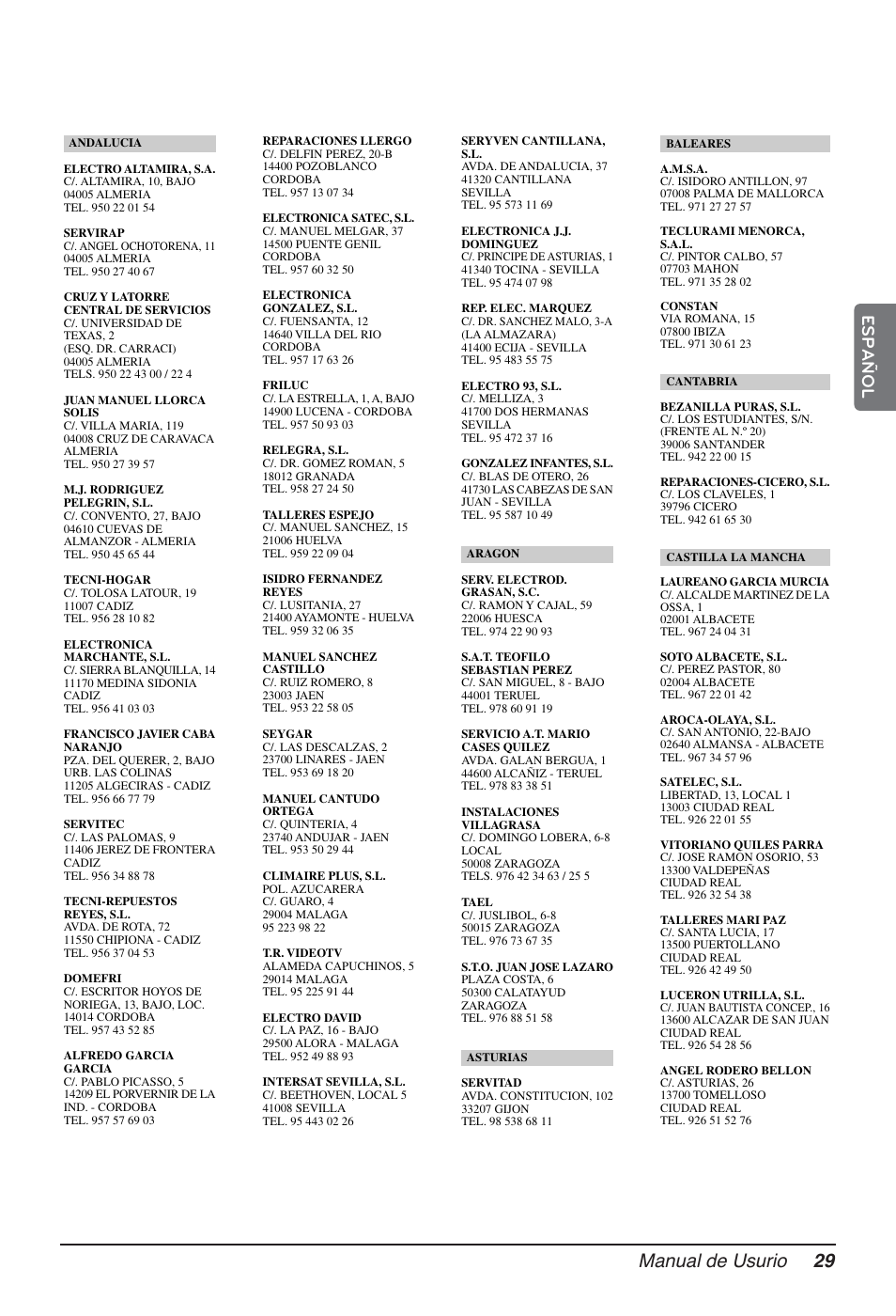 Manual de usurio 29, Español | LG AMNH366TDC0 User Manual | Page 29 / 33