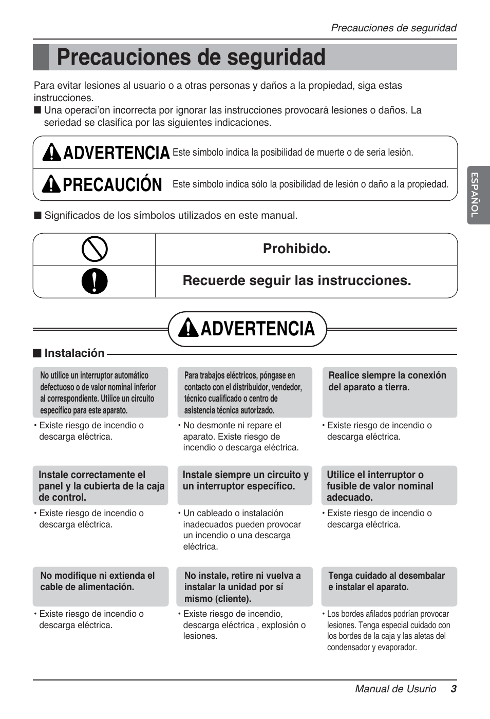 Precauciones de seguridad, Advertencia, Advertencia precaución | Prohibido. recuerde seguir las instrucciones | LG AMNH366TDC0 User Manual | Page 3 / 33