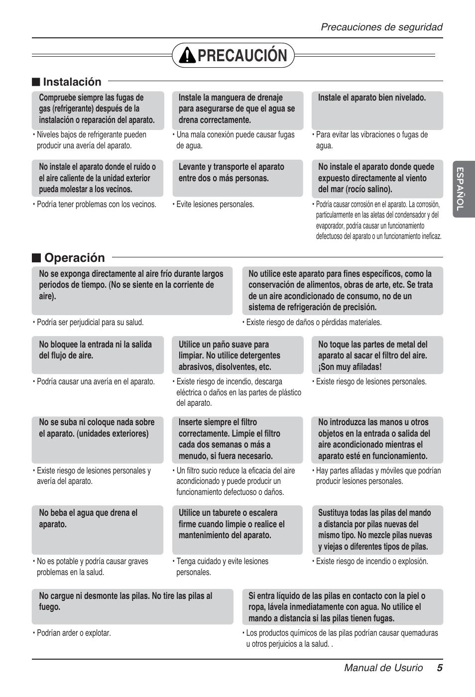 Precaución, N operación, N instalación | LG AMNH366TDC0 User Manual | Page 5 / 33
