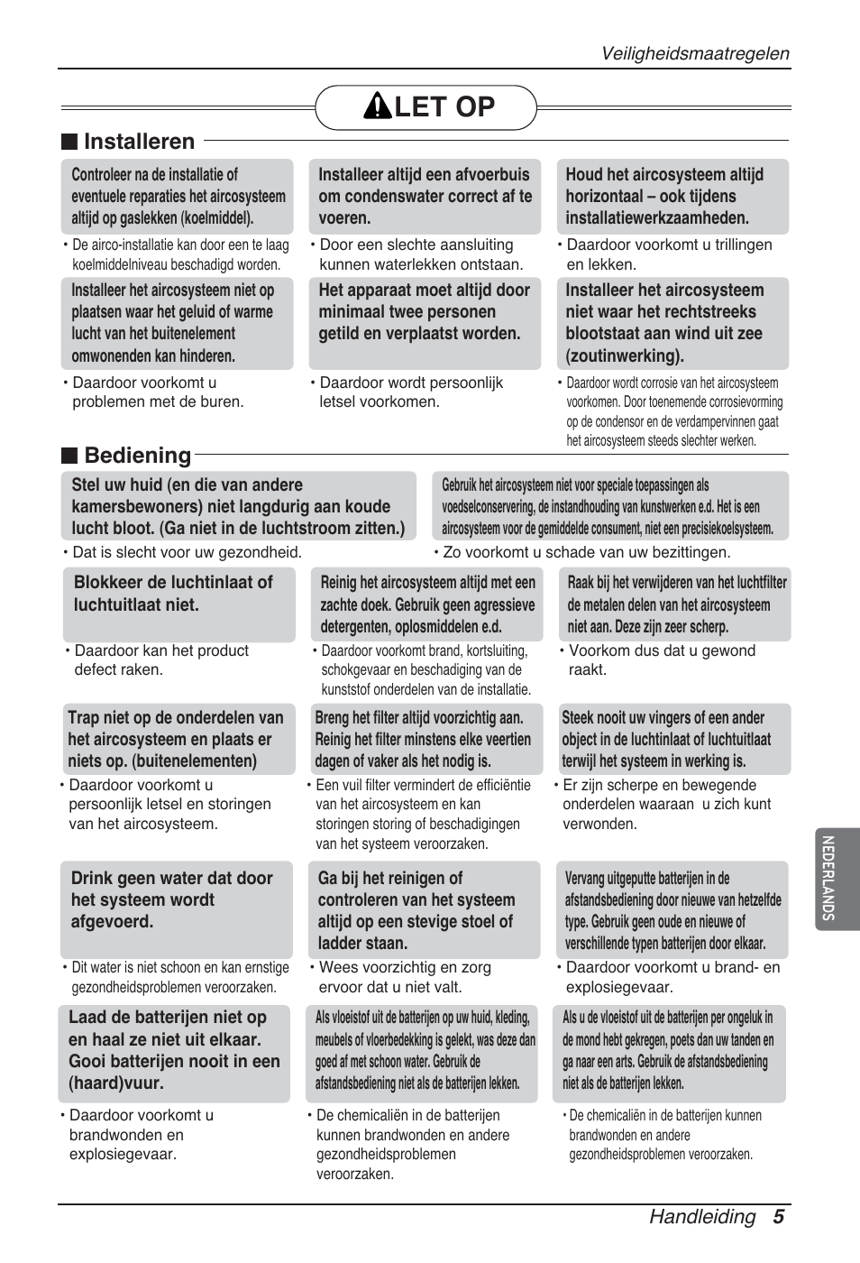 Let op, N installeren, N bediening | Handleiding 5 | LG ARNU12GSFV2 User Manual | Page 103 / 267