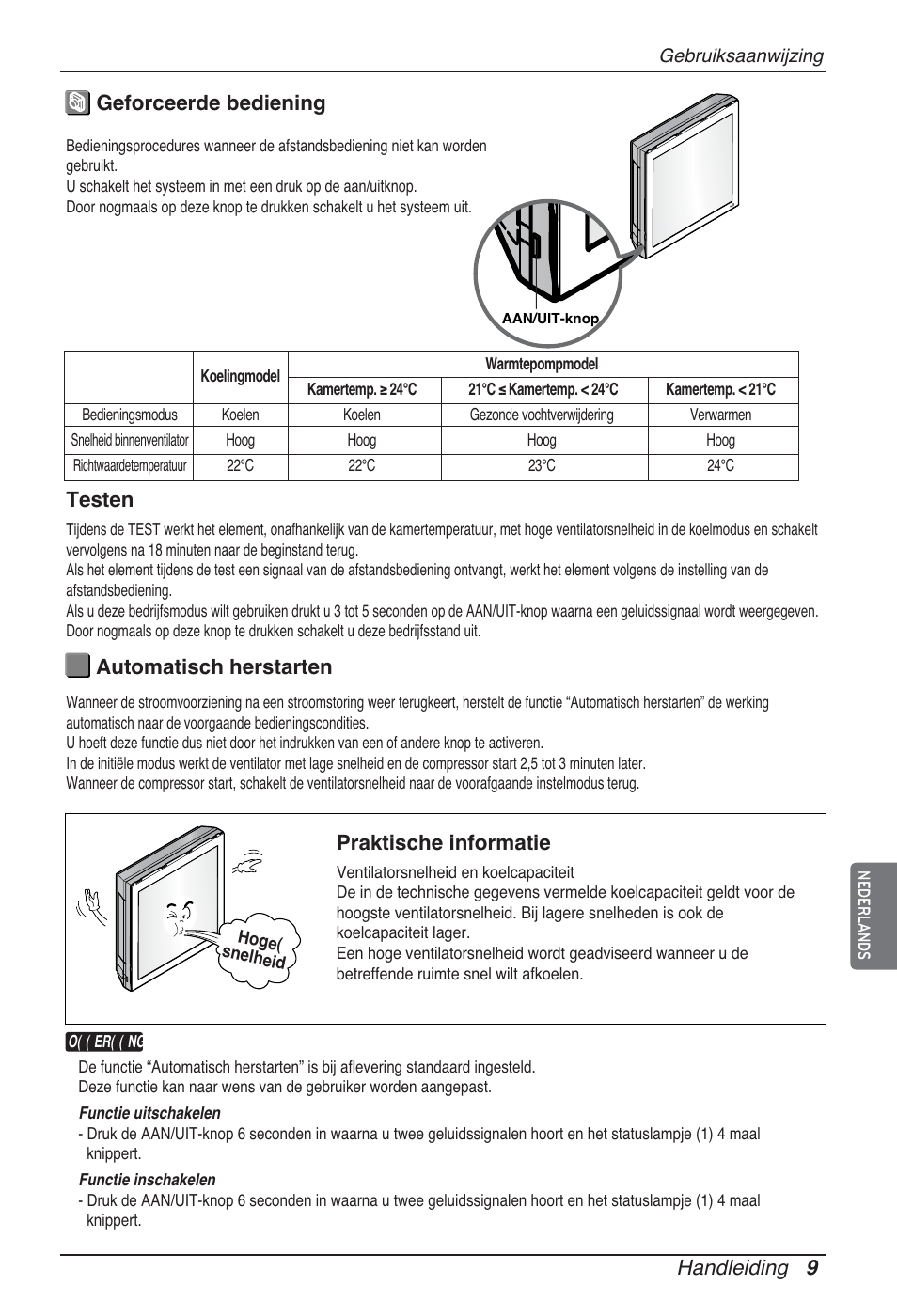 Handleiding 9, Geforceerde bediening automatisch herstarten, Praktische informatie | Testen | LG ARNU12GSFV2 User Manual | Page 107 / 267