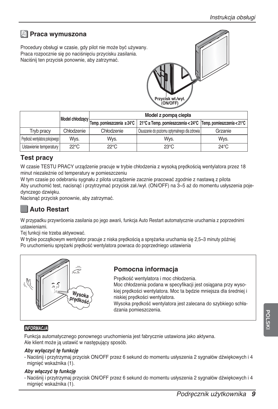 Podręcznik użytkownika 9, Praca wymuszona auto restart, Pomocna informacja | Test pracy | LG ARNU12GSFV2 User Manual | Page 121 / 267