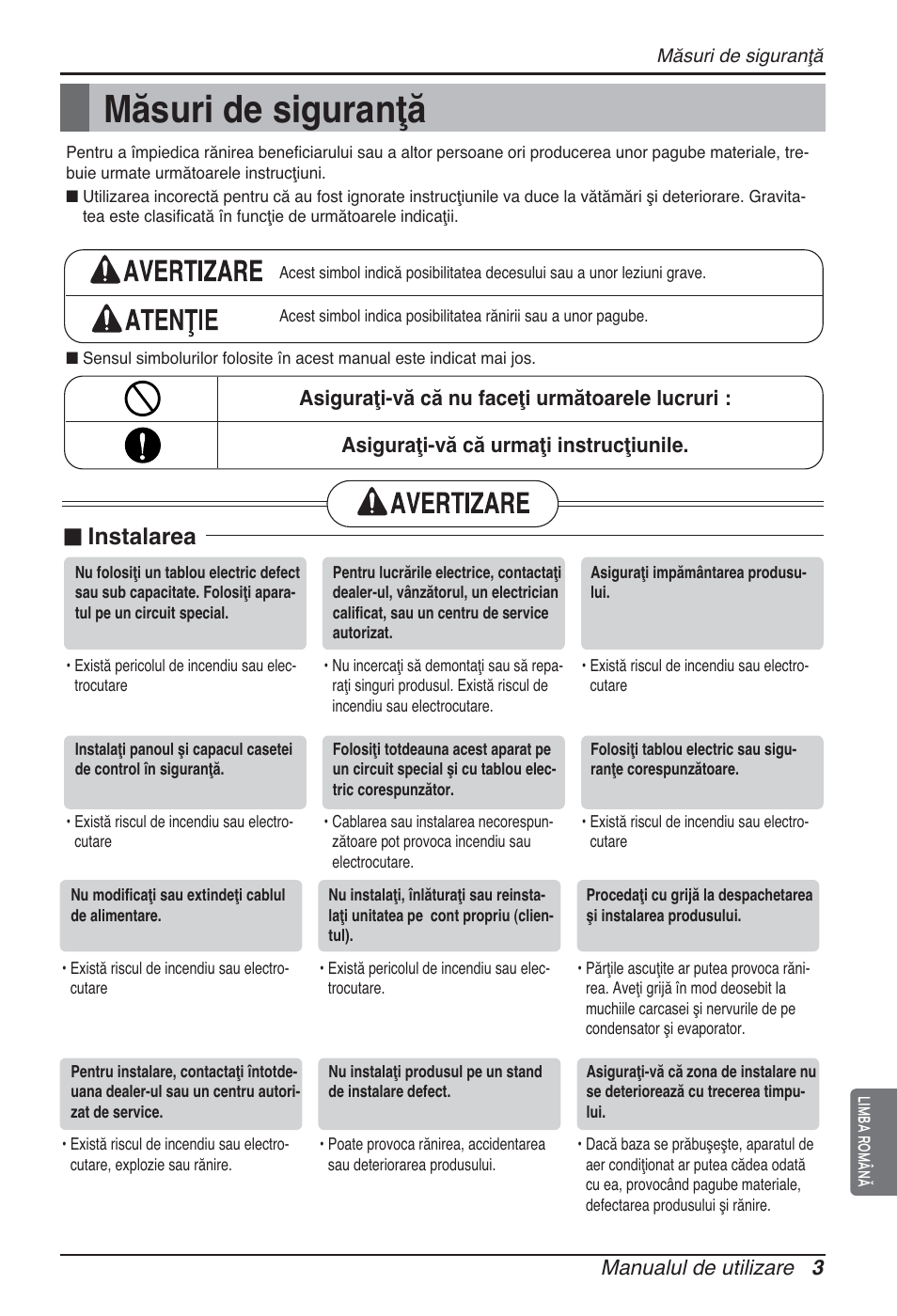 Măsuri de siguranţă, N instalarea, Manualul de utilizare 3 | LG ARNU12GSFV2 User Manual | Page 129 / 267