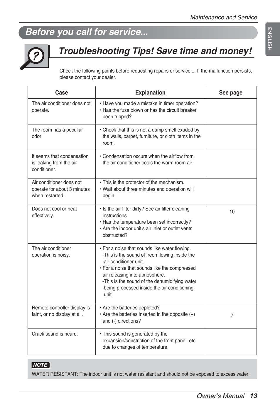 Before you call for service, Troubleshooting tips! save time and money, Ownerʼs manual 13 | LG ARNU12GSFV2 User Manual | Page 13 / 267