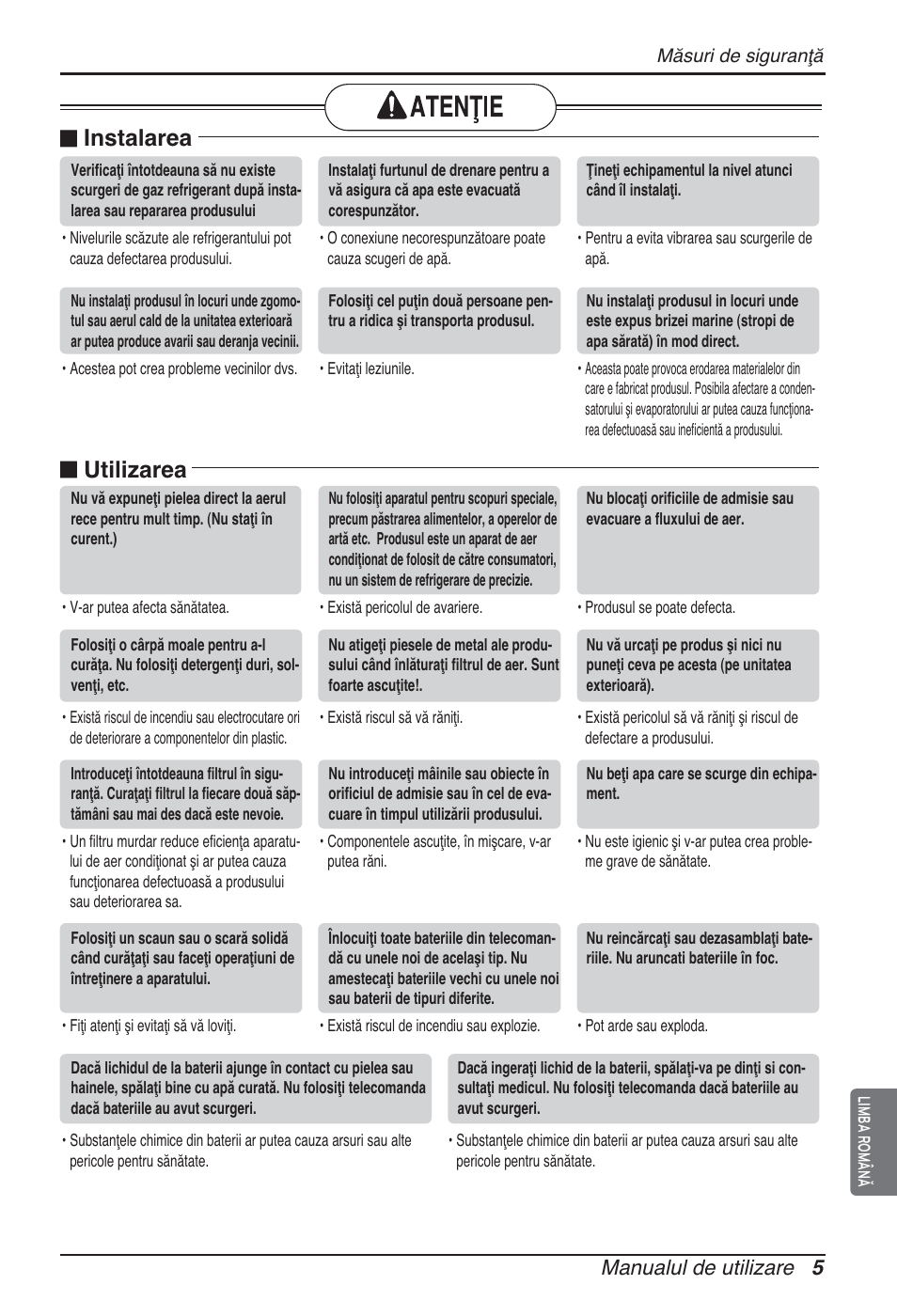 N instalarea, N utilizarea, Manualul de utilizare 5 | LG ARNU12GSFV2 User Manual | Page 131 / 267