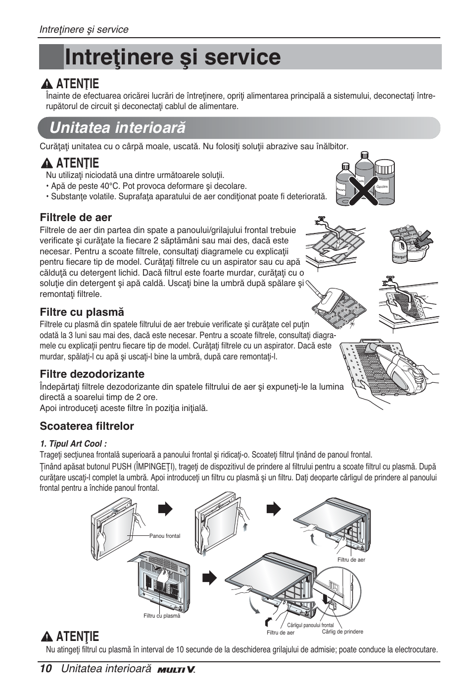 Intreţinere şi service, Unitatea interioară, Atenţie | LG ARNU12GSFV2 User Manual | Page 136 / 267