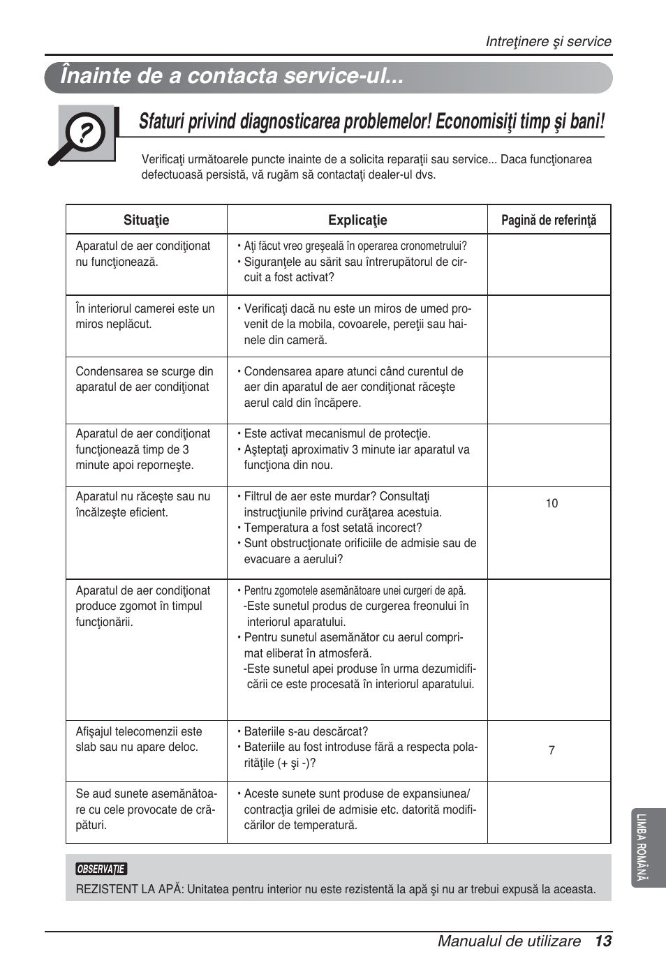 Înainte de a contacta service-ul, Manualul de utilizare 13 | LG ARNU12GSFV2 User Manual | Page 139 / 267