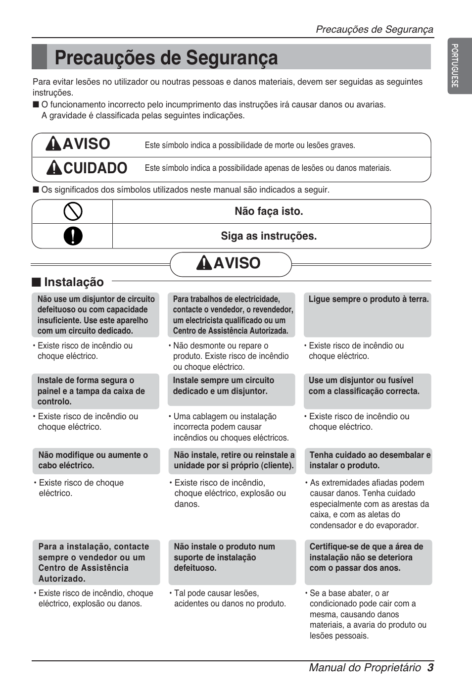 Precauções de segurança, Aviso cuidado, Aviso | N instalação | LG ARNU12GSFV2 User Manual | Page 143 / 267